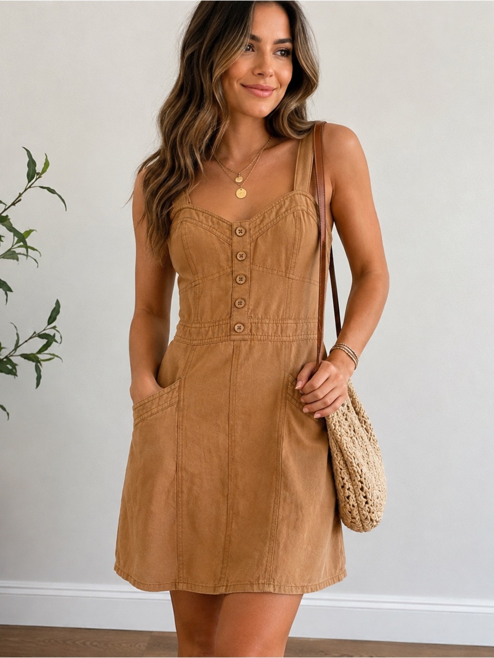 Japna Tan Button-Front Mini Dress